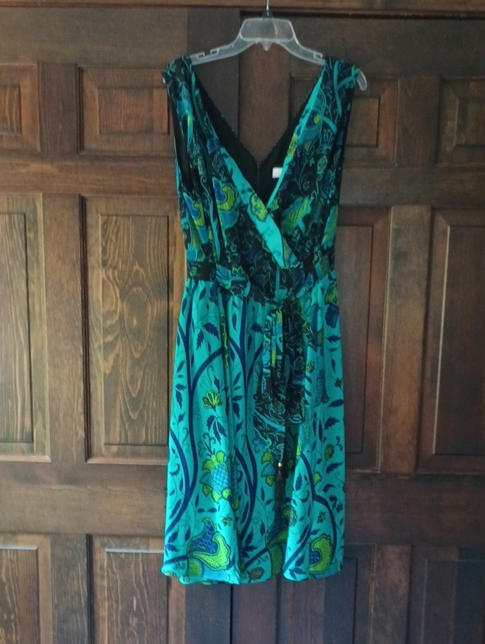 Adrianna Papell Teal, Black and Chartreuse Paisley Wrap Midi Dress